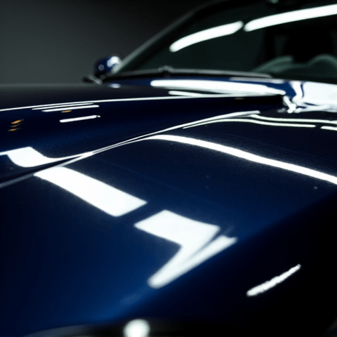 Close-up detail of a high-gloss ceramic coating finish on a vehicle in Studio City. This showcases the deep reflection and paint protection we offer.