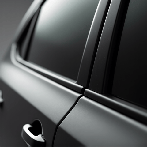 Close-up view of standard dyed window tint film applied to a vehicle door glass in Studio City. Showing smooth, bubble-free finish.
